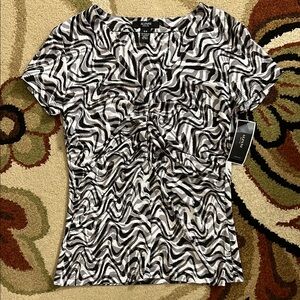 Alfani Black and White Ruched V Neck Short Sleeve Blouse
